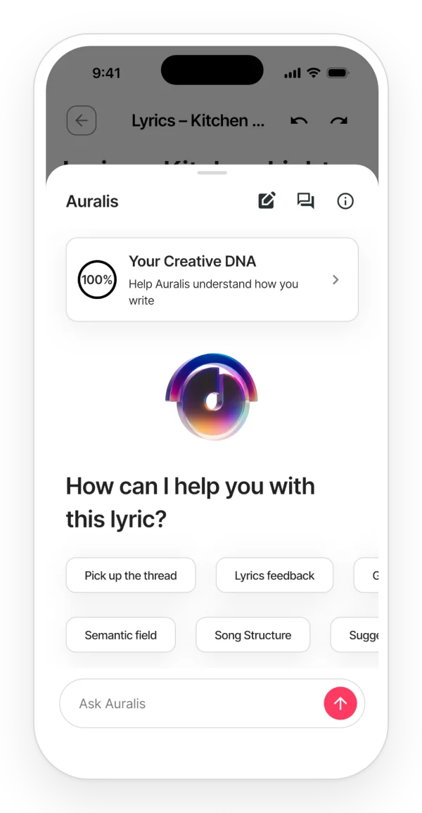 Auralis open in a note: Creative DNA and starter suggestions such as picking up the thread or getting lyrics feedback.