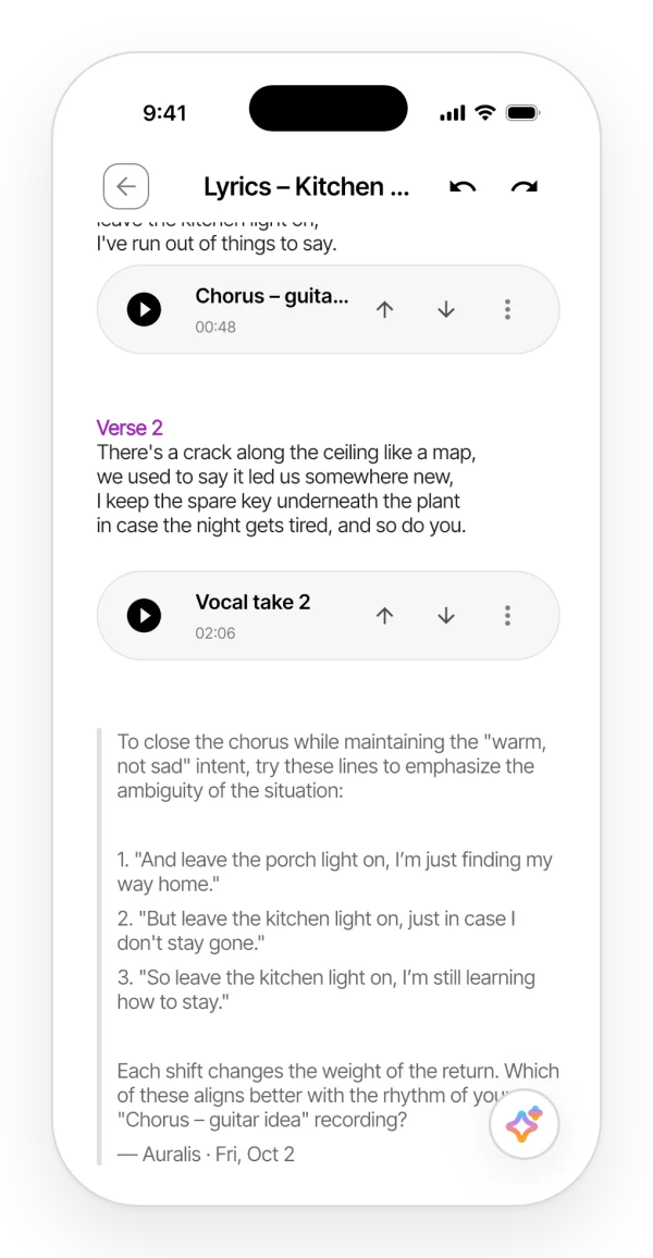 A note with an Auralis answer saved as a quote at the end of the lyrics.