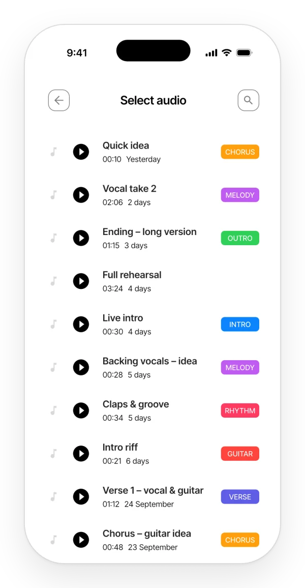 Picking an audio from the project to insert into the note, with search and a tag filter.