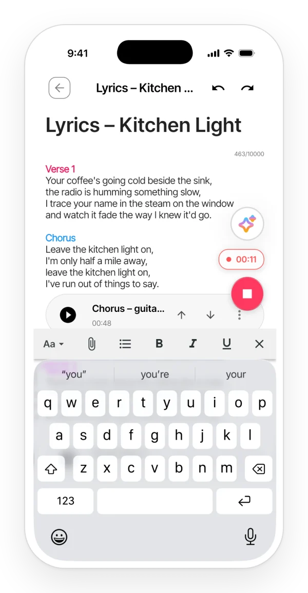 Recording a take from inside a note: a red indicator with the recording time over the lyrics.