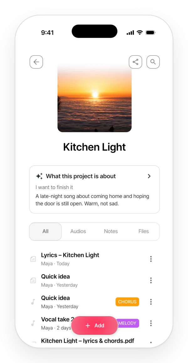 A project's All tab in the app: lyrics, notes, audios and the PDF together in one list.