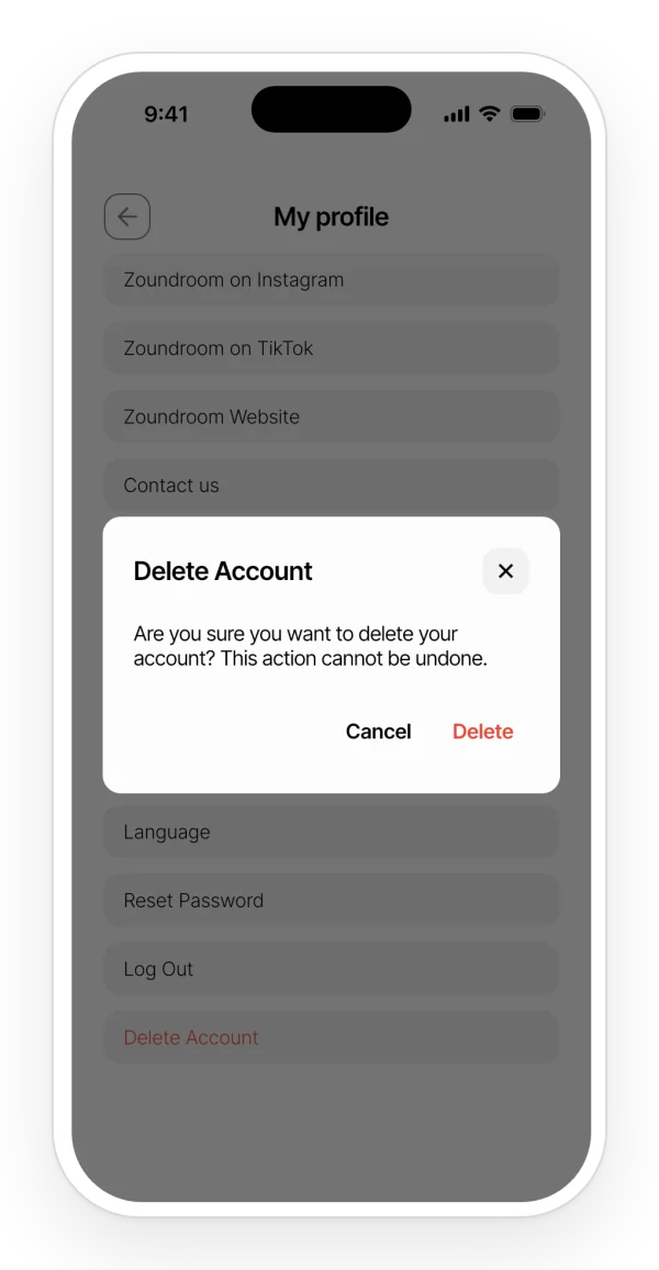 Confirmation to delete the account from the app's profile, with the options to cancel or delete.