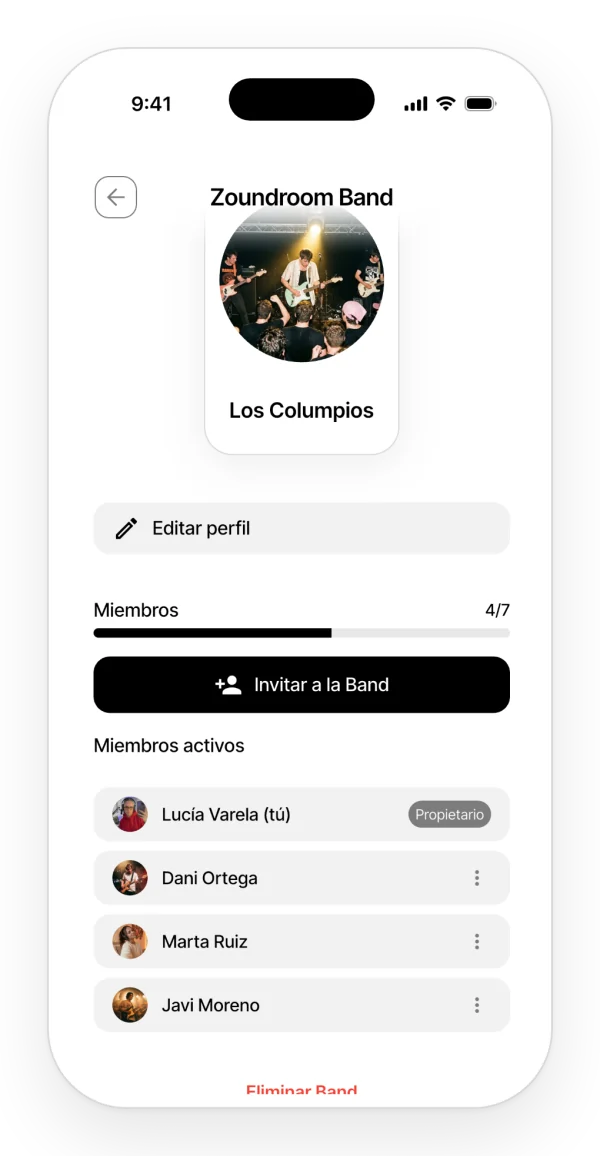 Gestión de la banda: imagen y nombre, 4 de 7 miembros, el botón para invitar a la Band y la lista de miembros activos.