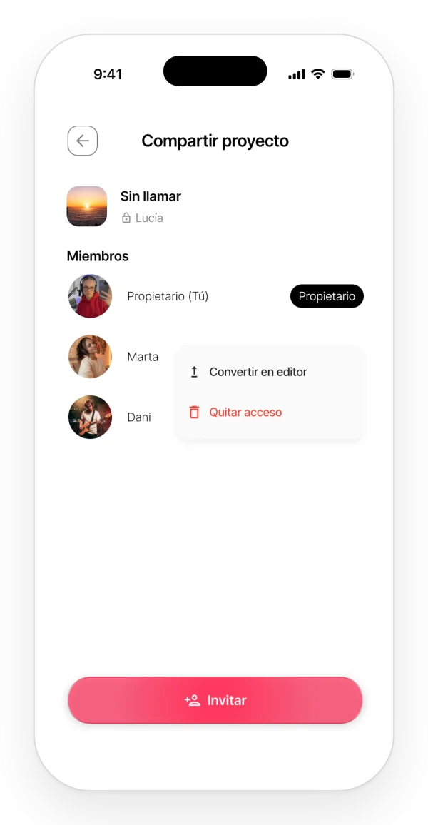 Cambiar el rol de un colaborador: convertirlo en editor o quitarle el acceso.