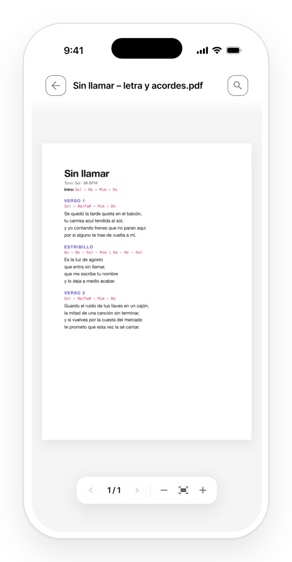 PDF con la letra y los acordes de una canción, abierto dentro de su proyecto en la app.