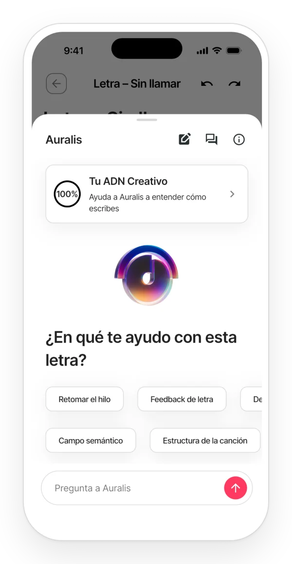 Auralis abierto en una nota: el ADN creativo y sugerencias para empezar, como retomar el hilo o pedir feedback de la letra.