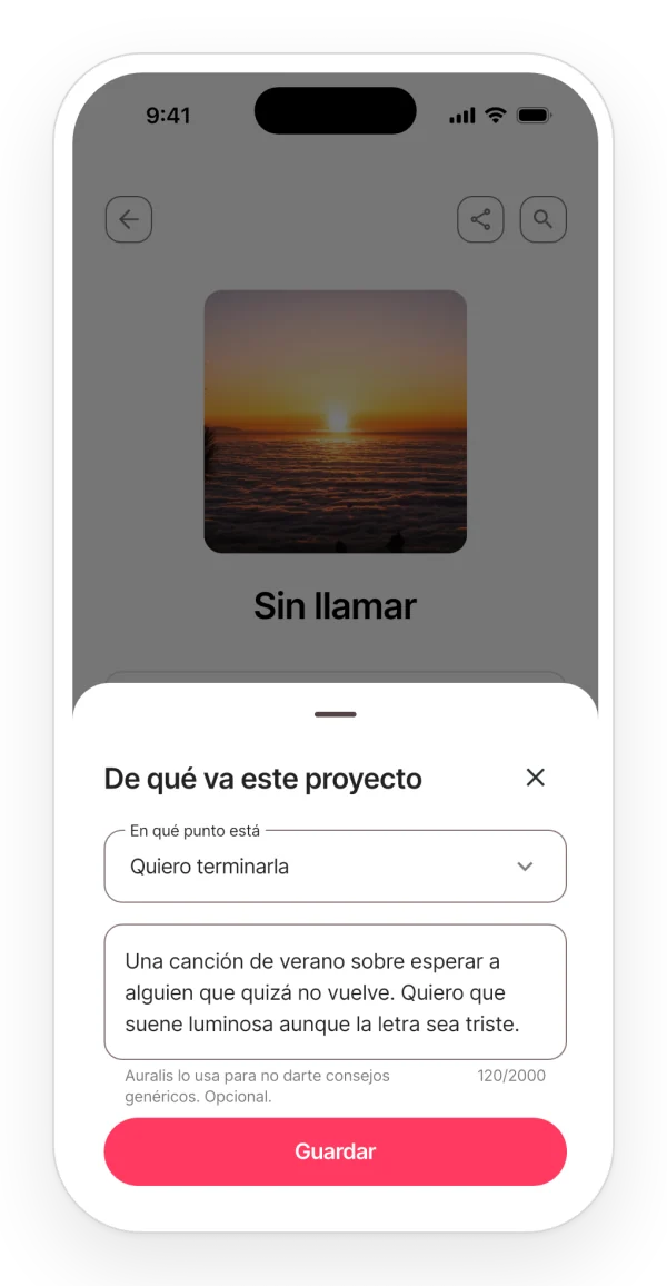 La ficha sobre de qué va el proyecto: en qué punto está la canción y qué quieres que transmita, para que Auralis no dé consejos genéricos.