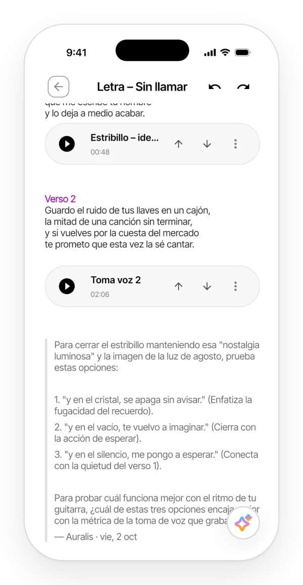 Nota con una respuesta de Auralis guardada como cita al final de la letra.