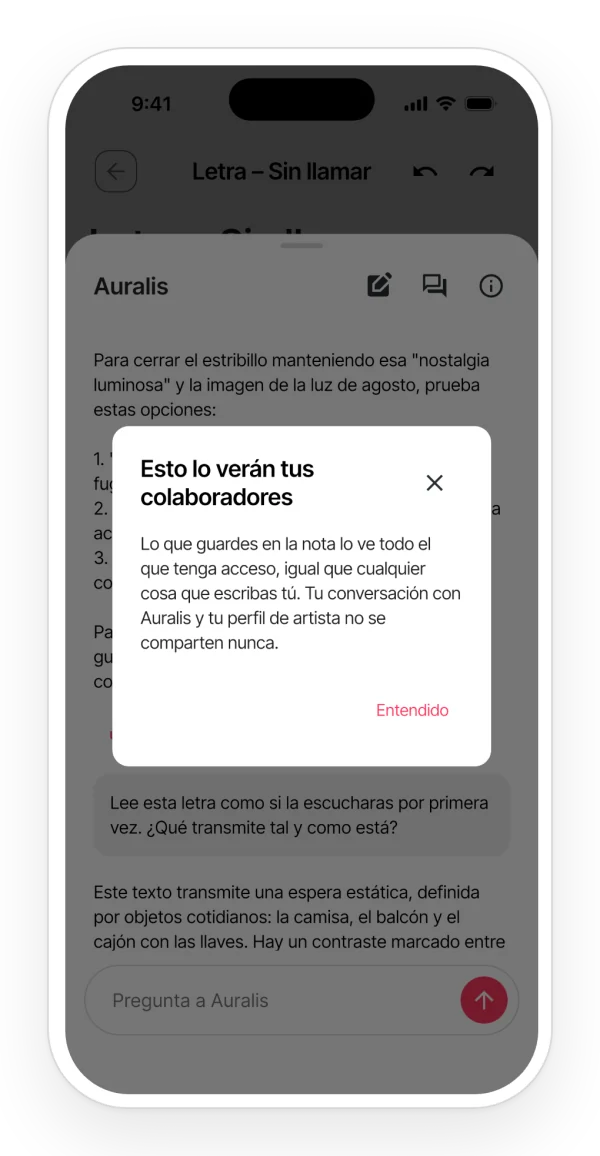 Aviso de privacidad de Auralis: lo que guardas en la nota lo ve quien tenga acceso; la conversación y tu perfil de artista no se comparten.