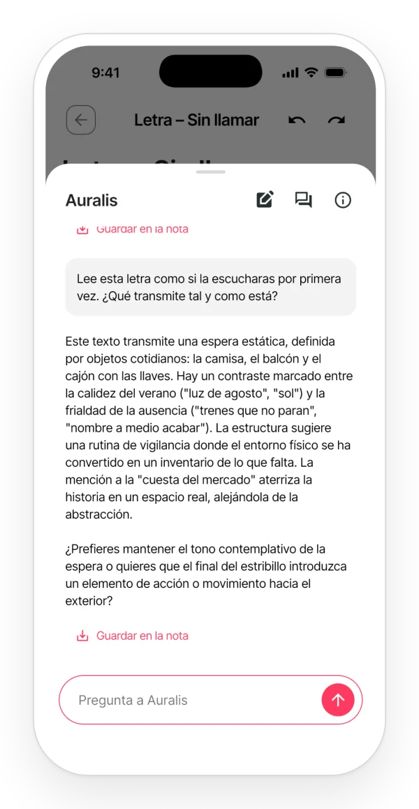 Respuesta de Auralis cuando le pides que lea la letra como si la escuchara por primera vez: qué transmite, el tono y una pregunta final.