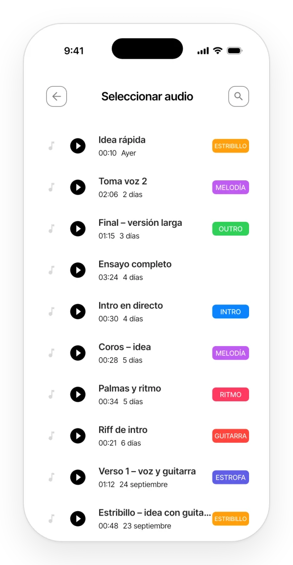 Lista para elegir un audio del proyecto e insertarlo en la nota, con buscador y filtro por etiqueta.