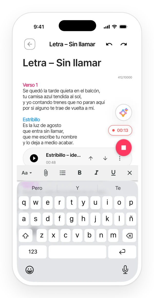 Grabando una toma desde dentro de una nota: indicador rojo con el tiempo de grabación sobre la letra.