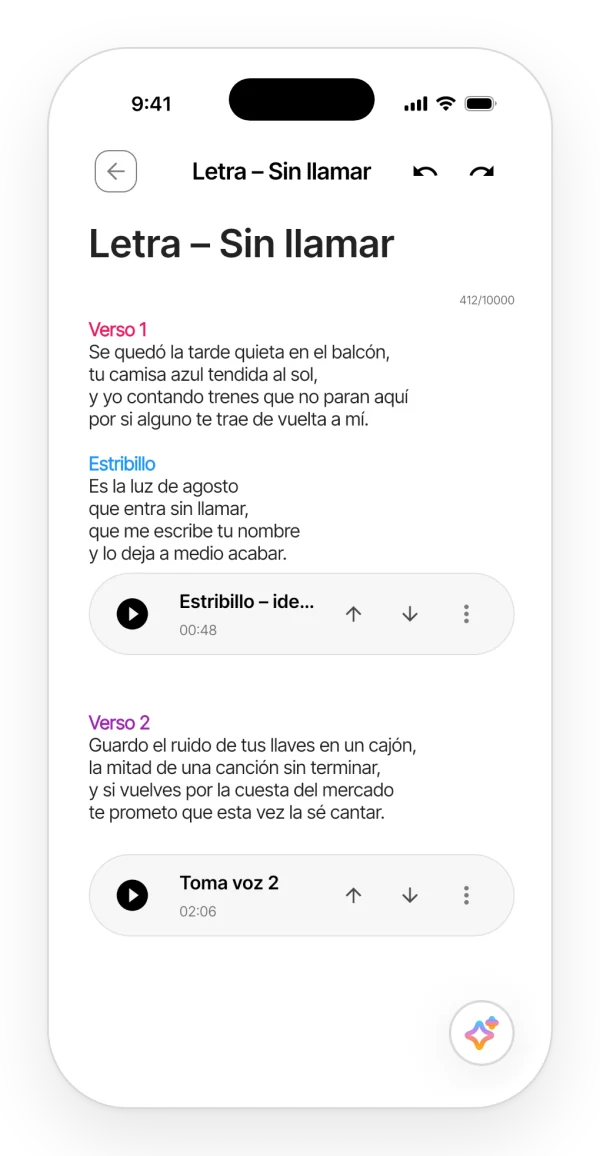 Nota con la letra de una canción en la app, con las secciones en color y una toma de audio insertada debajo del estribillo.