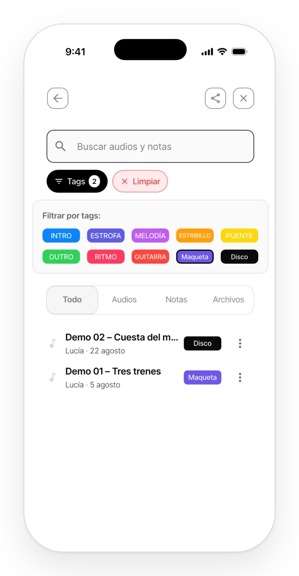 Búsqueda dentro de un proyecto filtrando los audios por dos etiquetas.