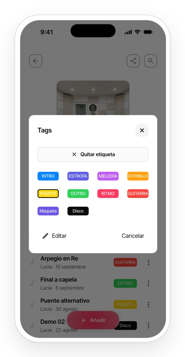 Diálogo para poner una etiqueta a un audio, con las etiquetas por defecto y dos personalizadas.