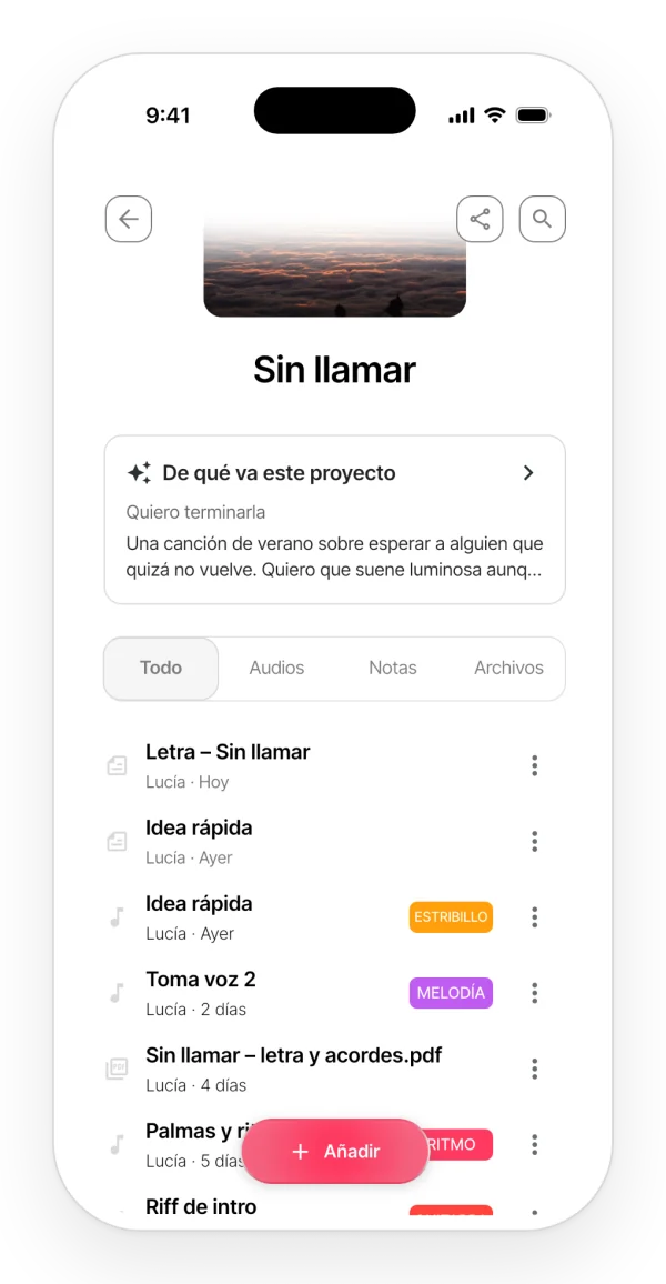 La pestaña con todo el contenido de un proyecto en la app: letra, notas, audios y el PDF juntos en una sola lista.