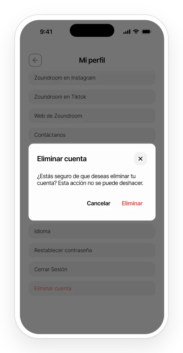 Confirmación para eliminar la cuenta desde el perfil de la app, con las opciones de cancelar o eliminar.