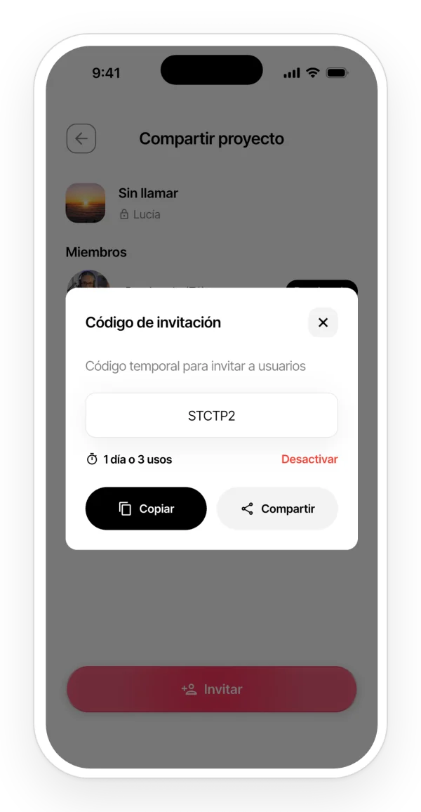 Código de invitación a un proyecto, válido durante un día o un número de usos, con los botones para copiarlo o compartirlo.