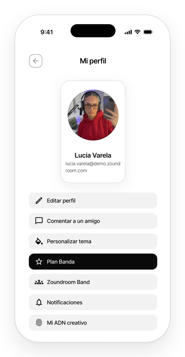 Perfil en la app: foto, nombre y las opciones de la cuenta, como editar el perfil, el tema, el plan, la banda y las notificaciones.