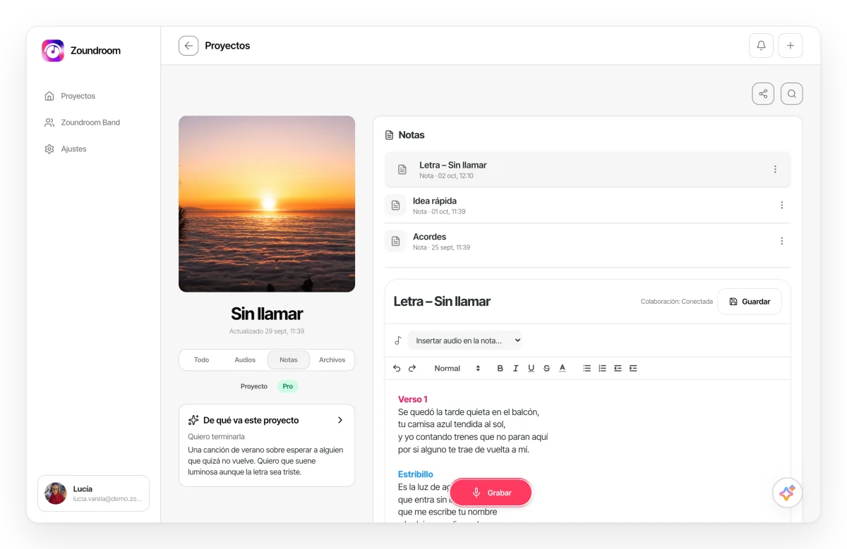 La misma nota abierta en el editor de la web, con la barra de formato y la letra de la canción.