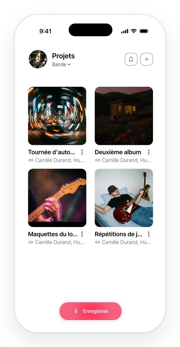 L'espace Band dans l'app : les projets partagés du groupe avec leurs couvertures et leurs membres.