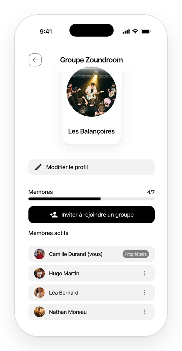 Gestion du groupe : image et nom, 4 membres sur 7, le bouton pour inviter dans la Band et la liste des membres actifs.