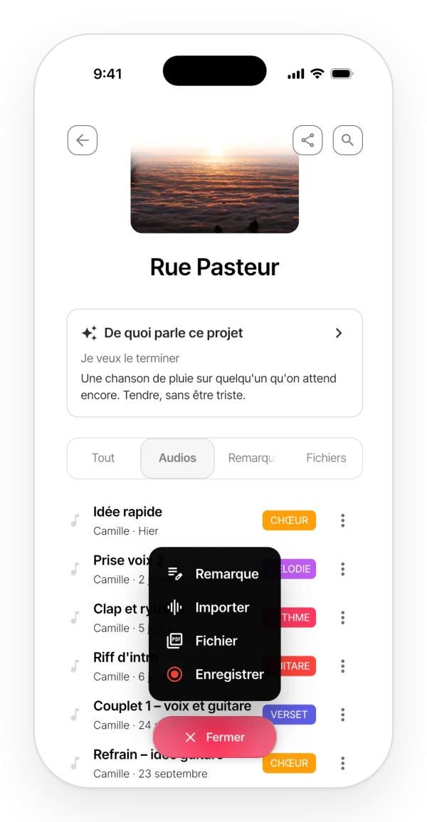 Le menu d'ajout d'un projet dans l'app : créer une note, importer un audio, ajouter un fichier ou enregistrer.
