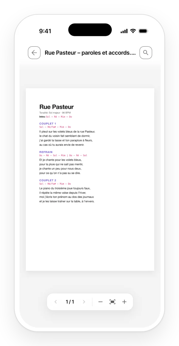 Un PDF avec les paroles et les accords d'une chanson, ouvert dans son projet dans l'app.