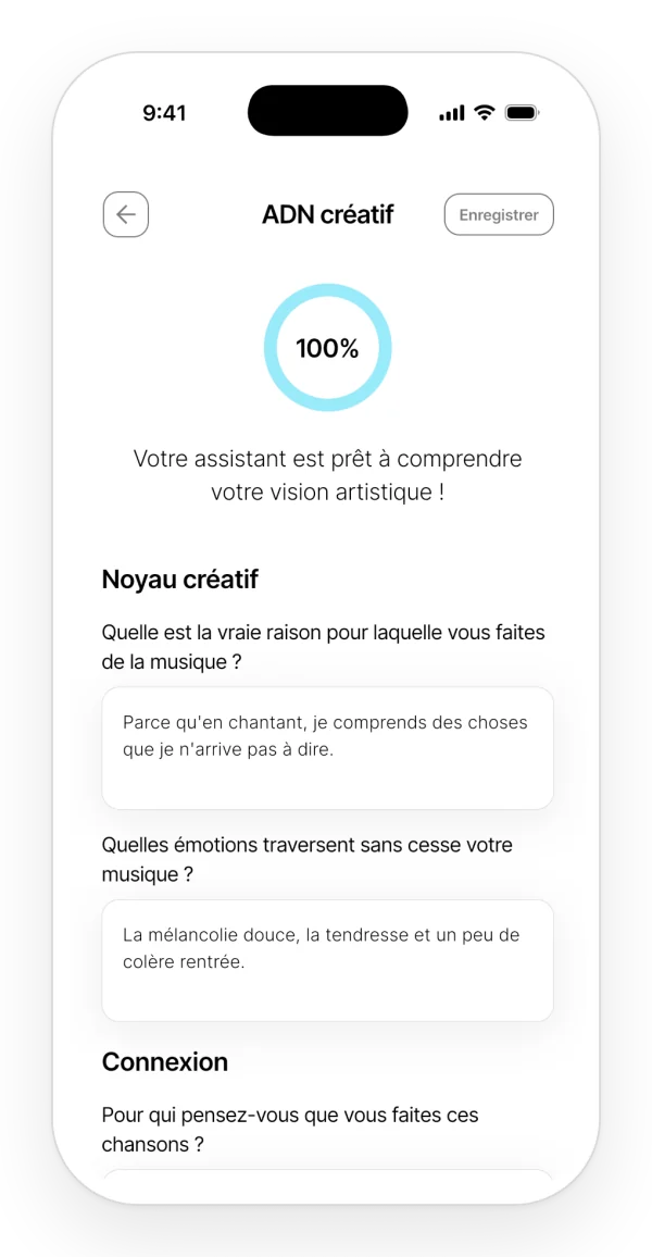 ADN créatif complété à 100 % : tes réponses sur ta façon d'écrire et tes raisons, dont Auralis tient compte.