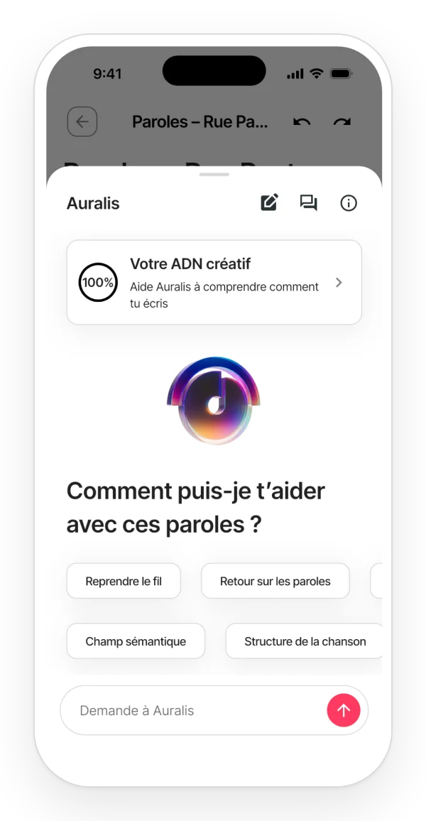 Auralis ouvert dans une note : l'ADN créatif et des suggestions pour commencer, comme reprendre le fil ou demander un avis sur les paroles.