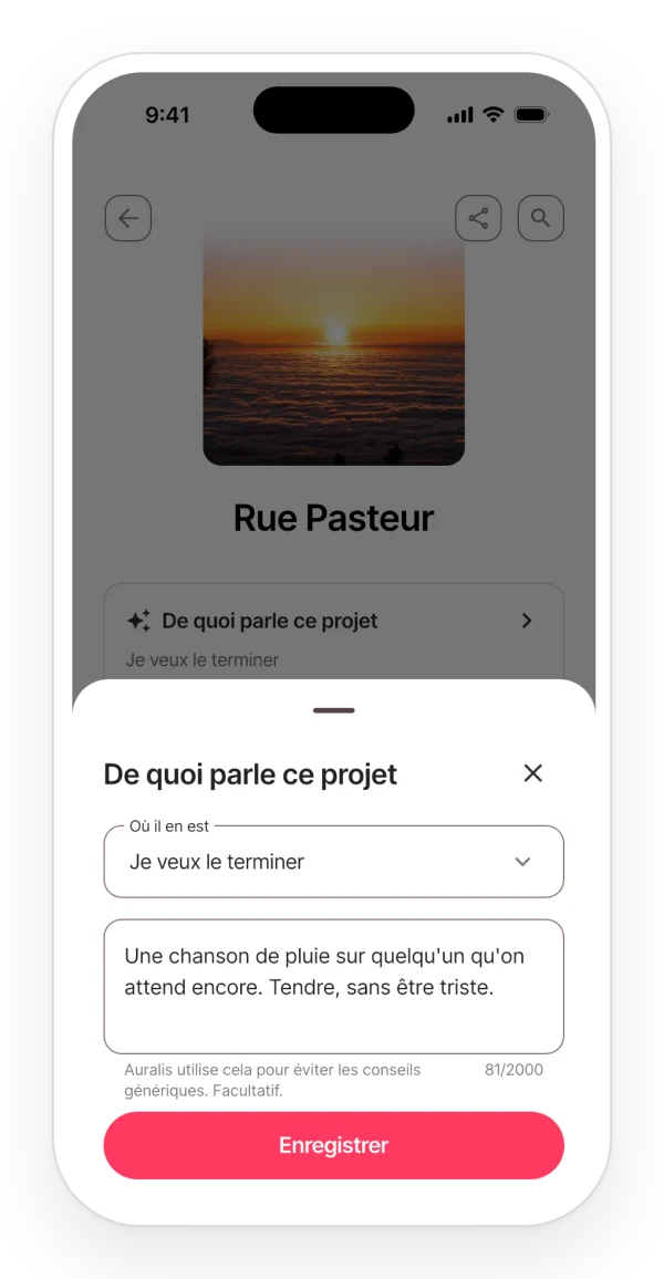 La fiche du projet : où en est la chanson et ce qu'elle doit transmettre, pour qu'Auralis ne donne pas de conseils génériques.