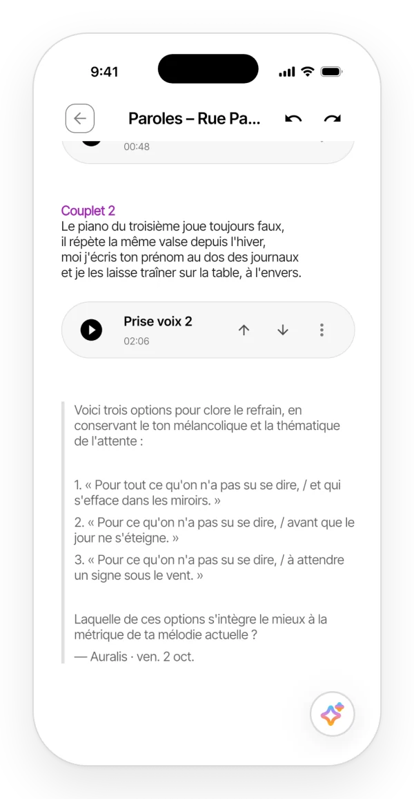 Une note avec une réponse d'Auralis enregistrée en citation à la fin des paroles.