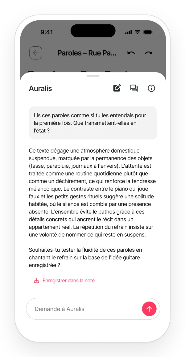 La réponse d'Auralis quand tu lui demandes de lire les paroles comme s'il les entendait pour la première fois : ce qu'elles transmettent, le ton et une question pour finir.