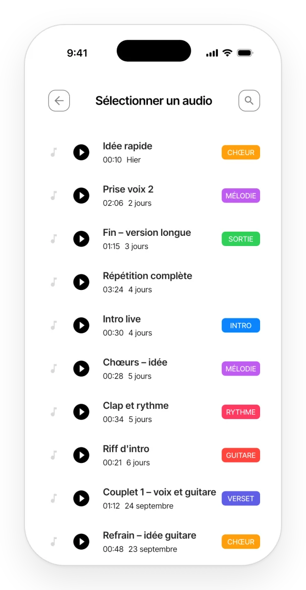 Choix d'un audio du projet à insérer dans la note, avec recherche et filtre par tag.