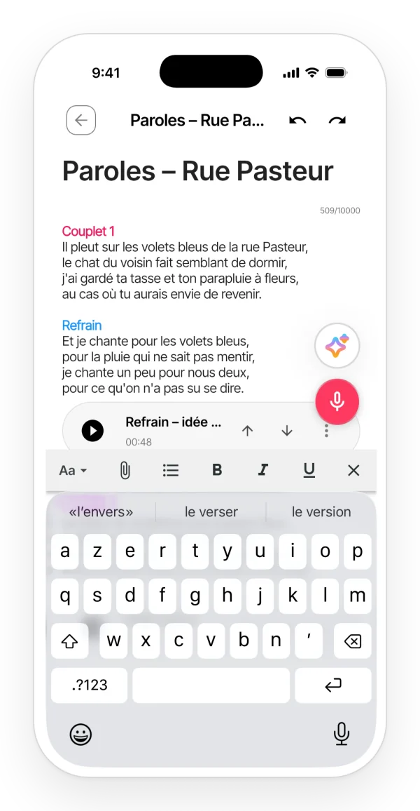 L'éditeur de notes de l'app avec le clavier ouvert et la barre de mise en forme au-dessus.