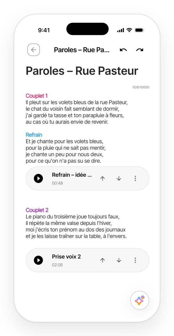 Une note avec les paroles d'une chanson dans l'app, sections en couleur et une prise audio insérée sous le refrain.