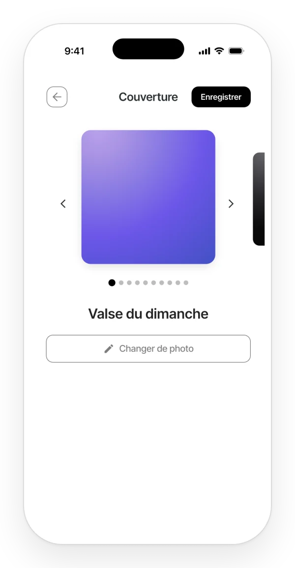 Choix de la couverture d'un projet : carrousel de couvertures et bouton pour changer la photo.