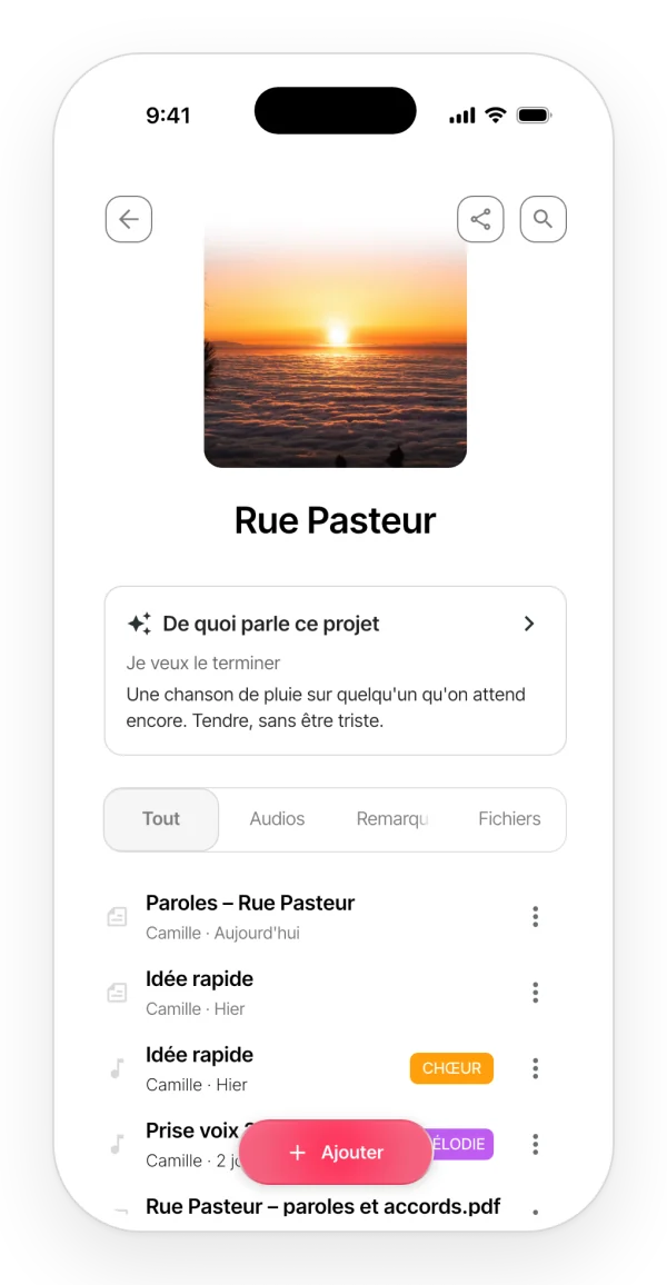 L'onglet qui réunit tout le contenu d'un projet dans l'app : paroles, notes, audios et le PDF dans une seule liste.