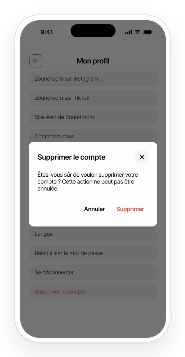 Confirmation de suppression du compte depuis le profil de l'app, avec les options annuler ou supprimer.
