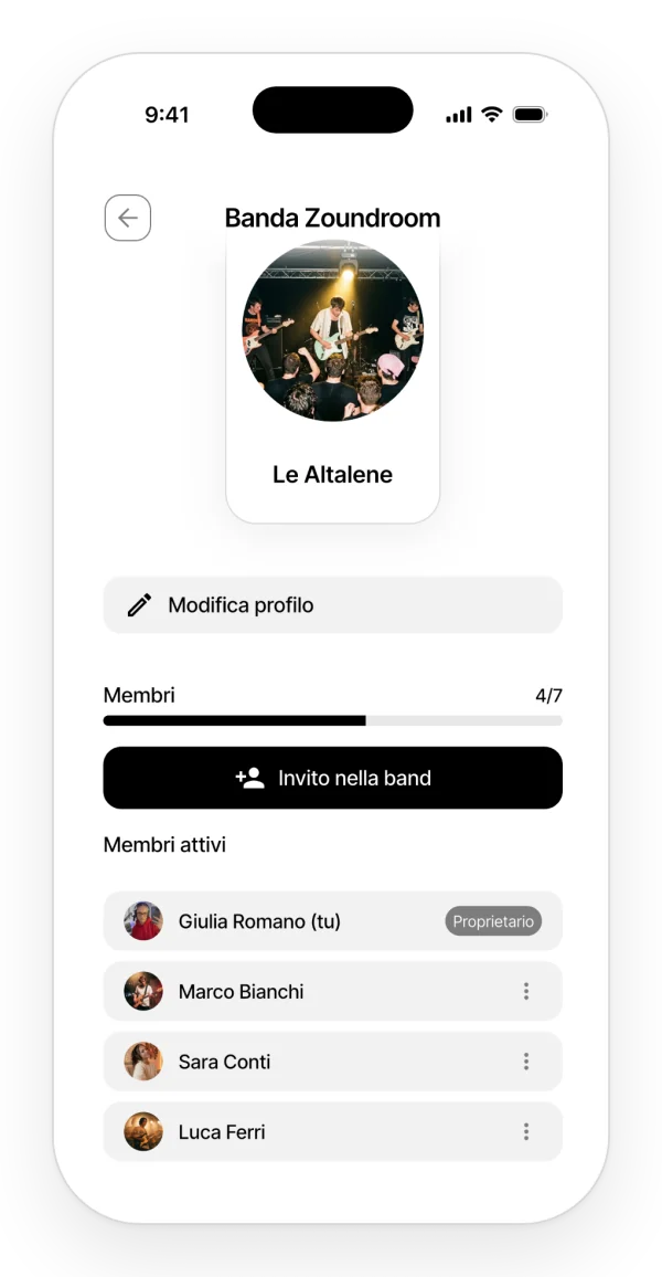 Gestione della band: immagine e nome, 4 membri su 7, il pulsante per invitare nella Band e l'elenco dei membri attivi.