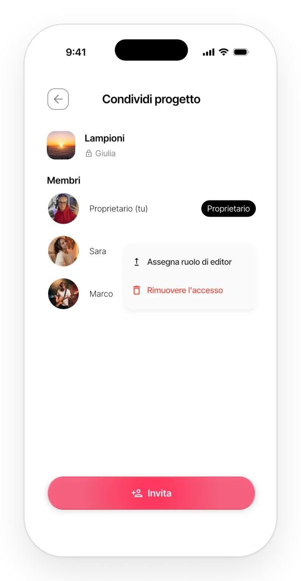 Cambiare il ruolo di un collaboratore: renderlo editor o togliergli l'accesso.