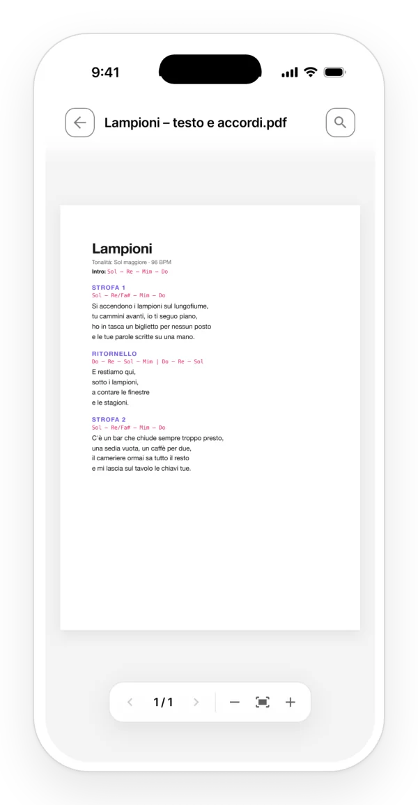 Un PDF con testo e accordi di una canzone, aperto all'interno del suo progetto nell'app.