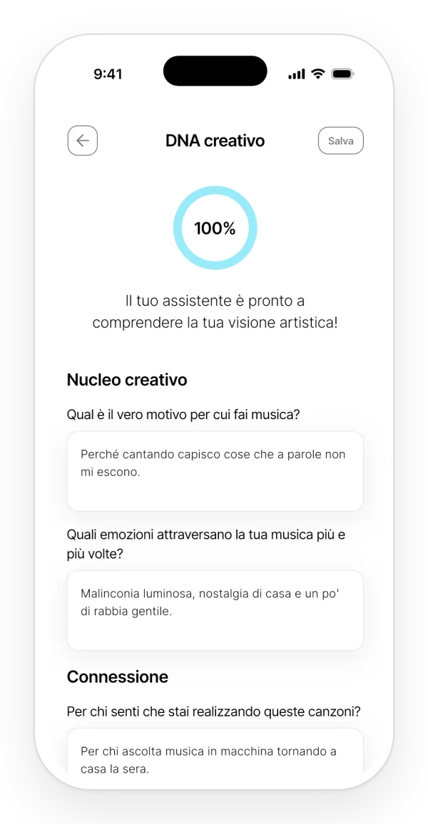 DNA creativo completato al 100%: le tue risposte su come e perché scrivi, di cui Auralis tiene conto.