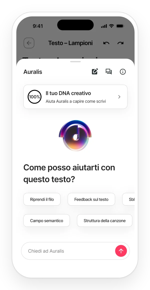 Auralis aperto in una nota: il DNA creativo e suggerimenti per iniziare, come riprendere il filo o chiedere un parere sul testo.