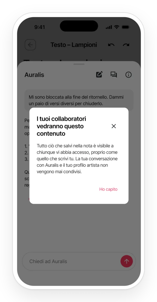 Avviso sulla privacy di Auralis: ciò che salvi nella nota lo vede chi ha accesso; la conversazione e il tuo profilo d'artista non vengono mai condivisi.