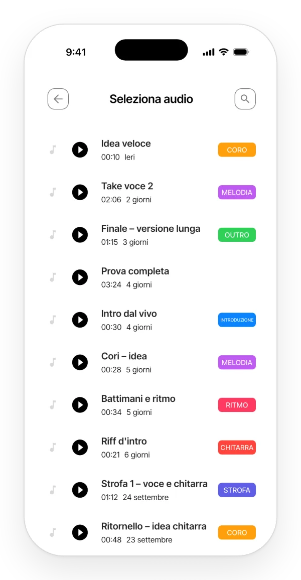 Scelta di un audio del progetto da inserire nella nota, con ricerca e filtro per tag.
