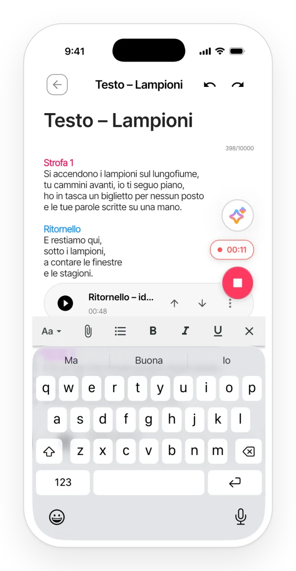 Registrazione di una take dall'interno di una nota: indicatore rosso con il tempo di registrazione sopra il testo.