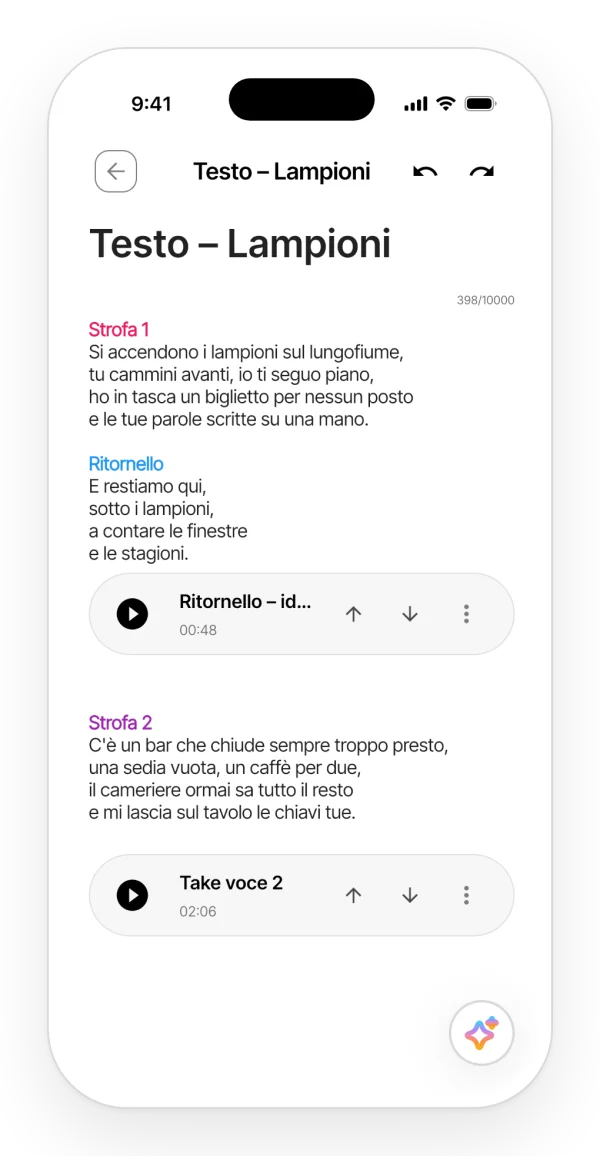 Una nota con il testo di una canzone nell'app, con le sezioni a colori e una take audio inserita sotto il ritornello.