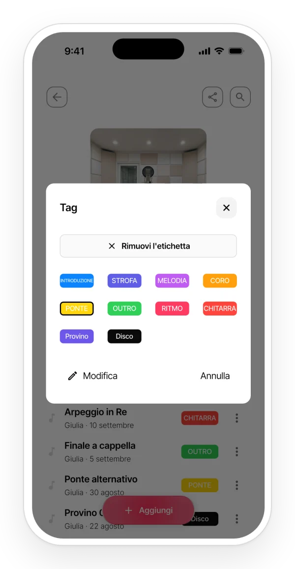 Assegnare un tag a un audio: i tag predefiniti e due personalizzati.