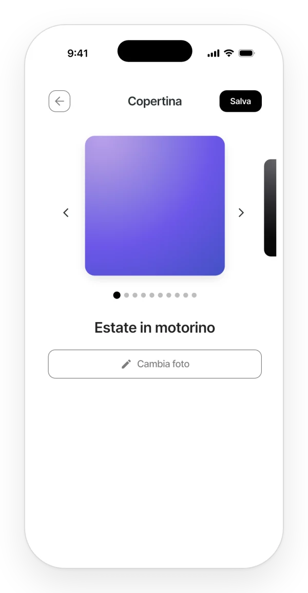 Scelta della copertina di un progetto: carosello di copertine e pulsante per cambiare la foto.